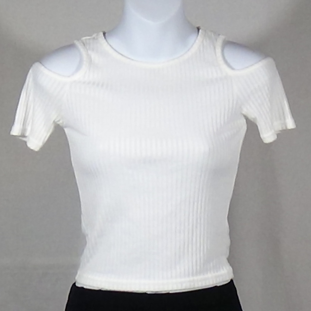 TOPSHOP (SZ 0) SHOULDERLESS RIBBED TOP